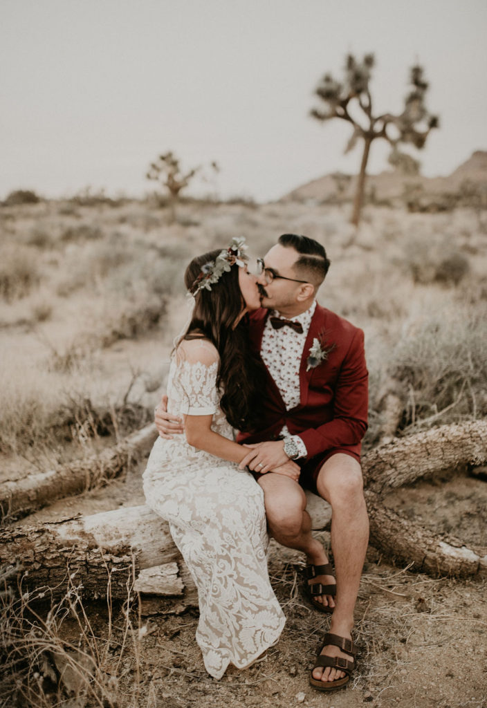 bride and groom wedding day portraits | Intimate Boho Joshua Tree Elopement by Feather and North photography