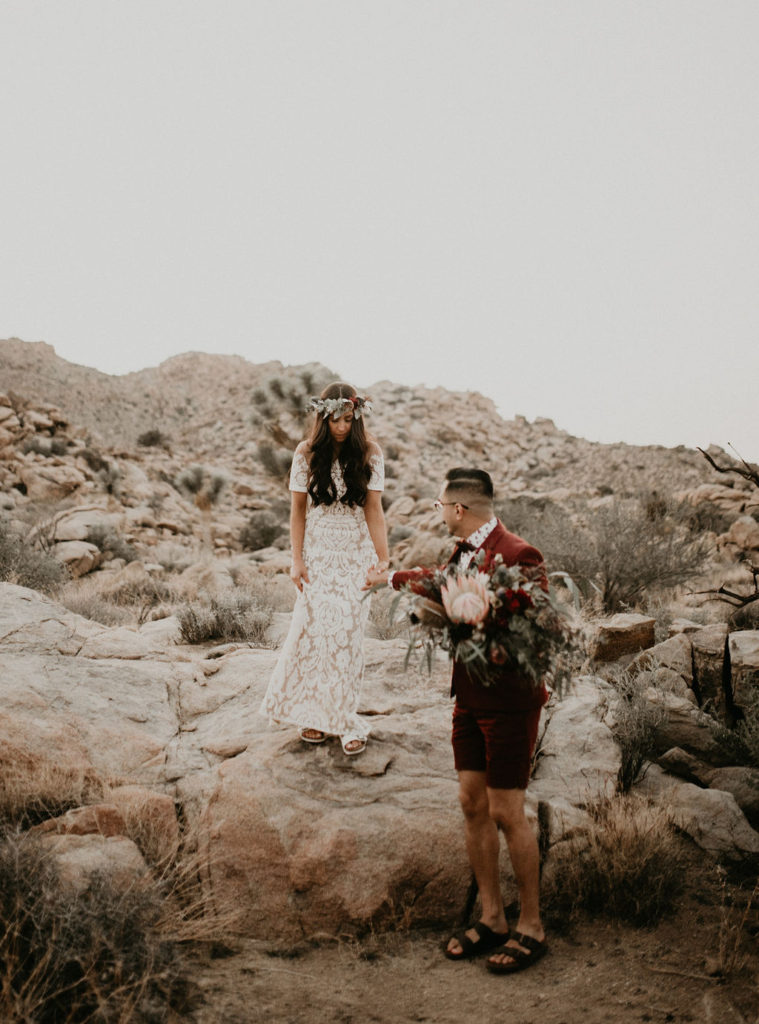 bride and groom wedding day portraits | Intimate Boho Joshua Tree Elopement by Feather and North photography